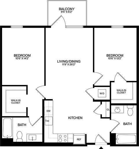 Floor plan for 2 beds, 2 baths, 1005 sqft