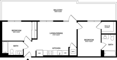 Floor plan for 2 beds, 2 baths, 821 sqft