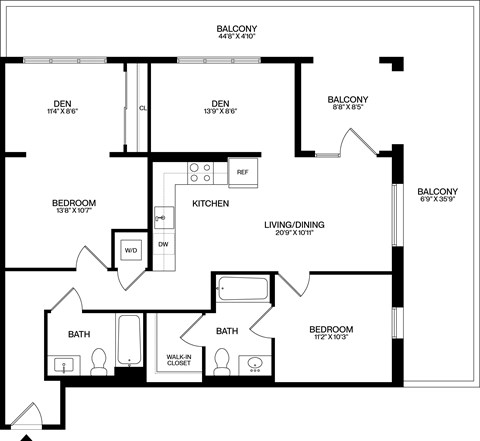 Floor plan for 2 beds, 2 baths, 1195 sqft