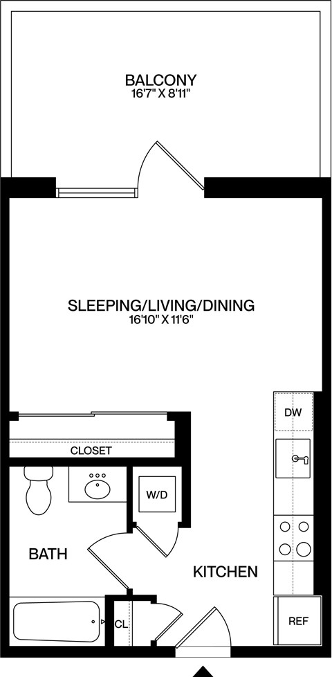 Floor plan for studio, 1 bath, 434 sqft