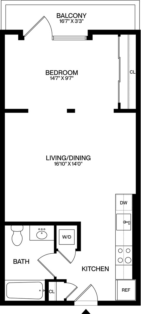 Floor plan for studio, 1 bath, 606 sqft