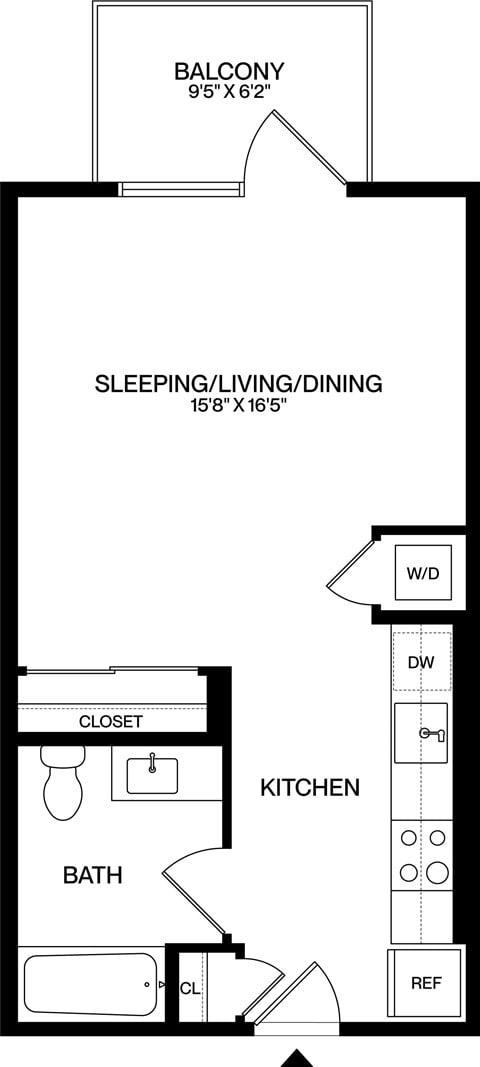 Floor plan for studio, 1 bath, 481 sqft