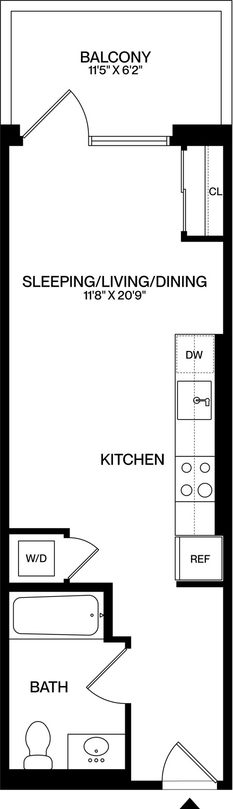 Floor plan for studio, 1 bath, 433 sqft