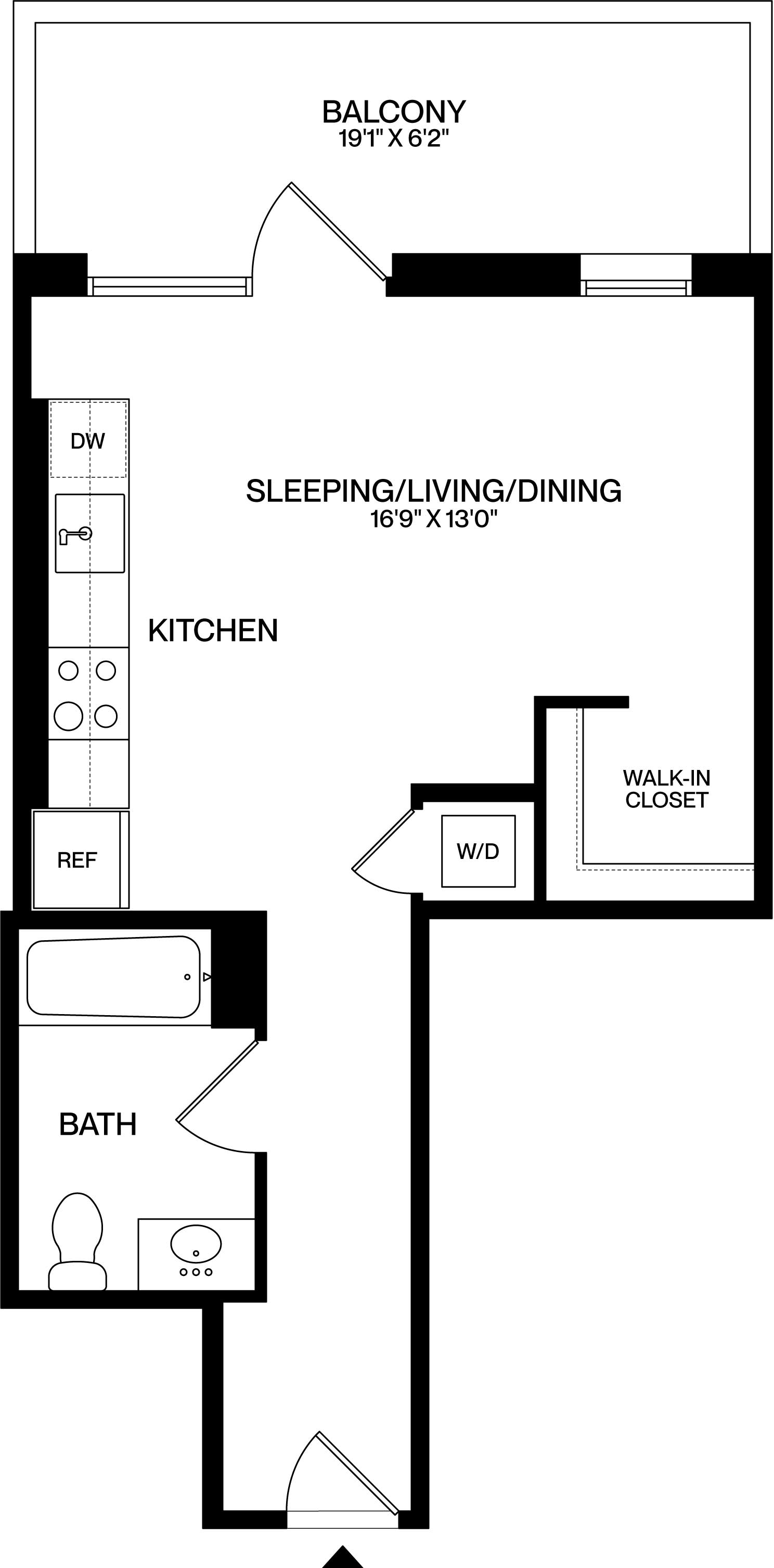 Floor plan for studio, 1 bath, 488 sqft