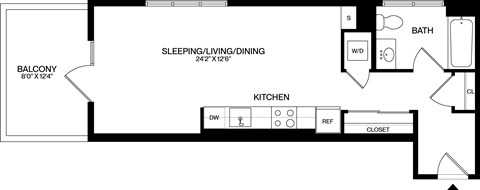 Floor plan for studio, 1 bath, 524 sqft