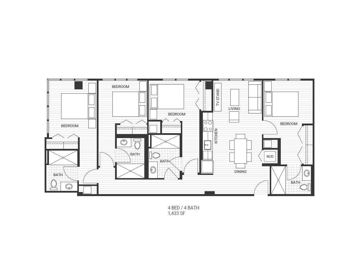 Floor plan for 4 beds, 4 baths, 1433 sqft