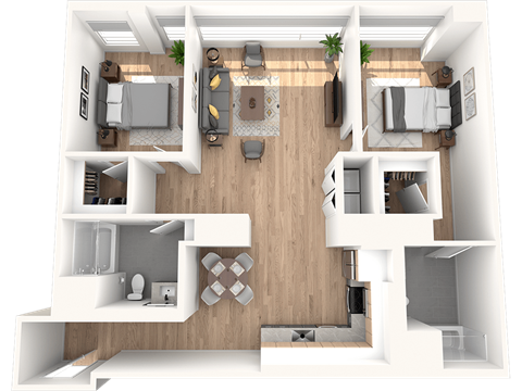 Floor plan for 2 beds, 2 baths, 1357 sqft