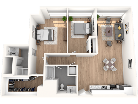 Floor plan for 2 beds, 2 baths, 1307 sqft