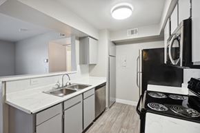 Las Vegas apartment for rent - A modern kitchen with a black stove top oven.