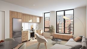 Boston apartment for rent - A modern kitchen with a dining table and chairs.