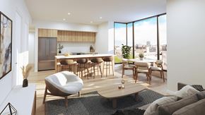 Boston apartment for rent - A modern living room with a kitchen in the background and a large window.