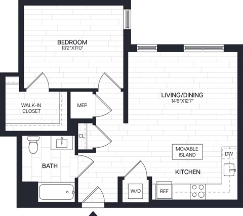 Floor plan for 1 bed, 1 bath, 713 sqft