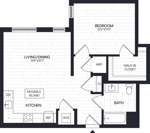 Floor plan for 1 bed, 1 bath, 727 sqft