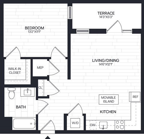 Floor plan for 1 bed, 1 bath, 697 sqft