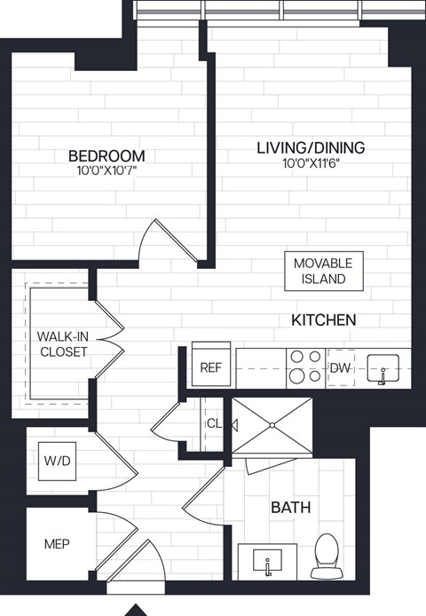 Floor plan for 1 bed, 1 bath, 591 sqft