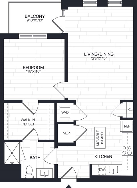 Floor plan for 1 bed, 1 bath, 768 sqft