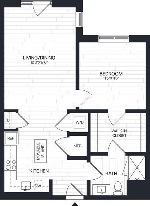 Floor plan for 1 bed, 1 bath, 770 sqft
