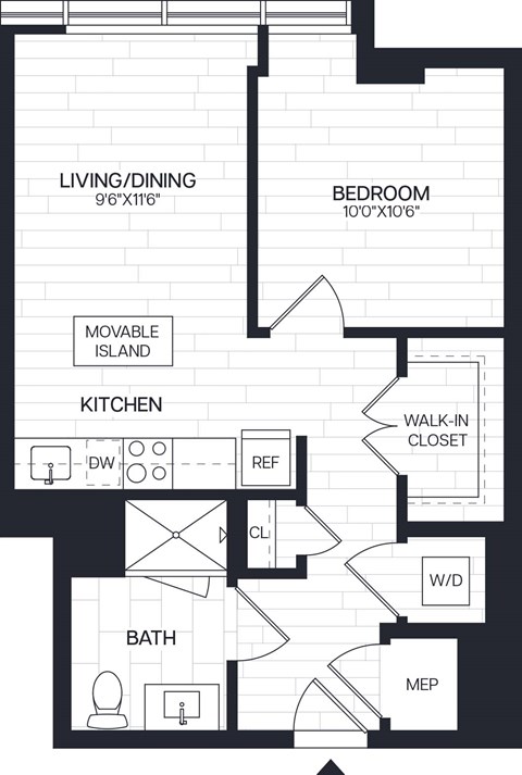 Floor plan for 1 bed, 1 bath, 599 sqft