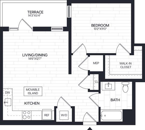 Floor plan for 1 bed, 1 bath, 719 sqft