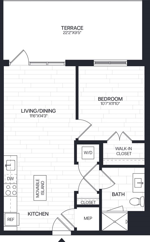 Floor plan for 1 bed, 1 bath, 632 sqft