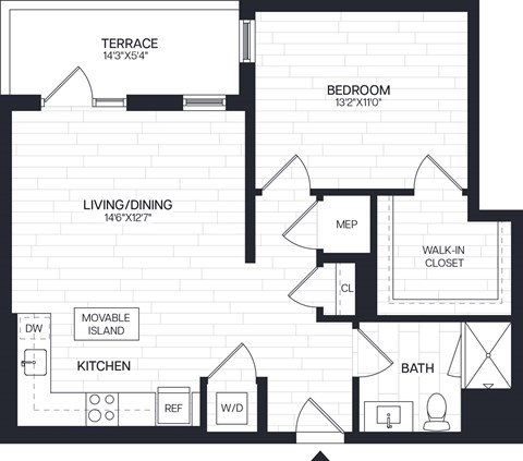 Floor plan for 1 bed, 1 bath, 739 sqft