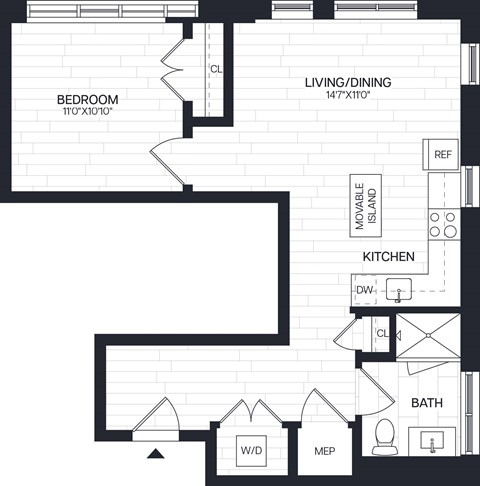 Floor plan for 1 bed, 1 bath, 642 sqft