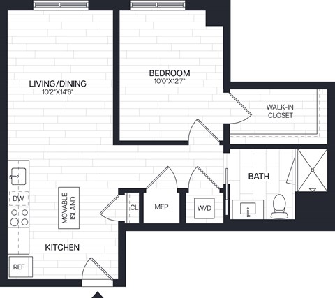 Floor plan for 1 bed, 1 bath, 654 sqft