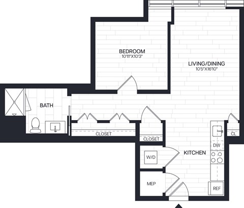 Floor plan for 1 bed, 1 bath, 677 sqft