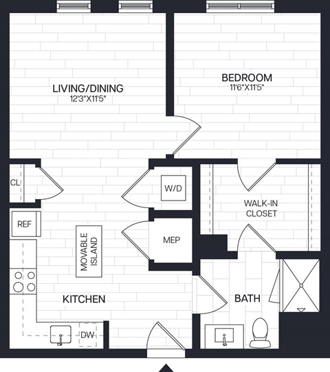 Floor plan for 1 bed, 1 bath, 684 sqft