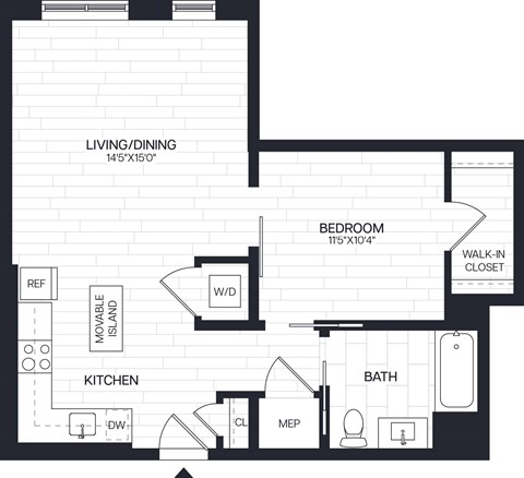 Floor plan for 1 bed, 1 bath, 707 sqft
