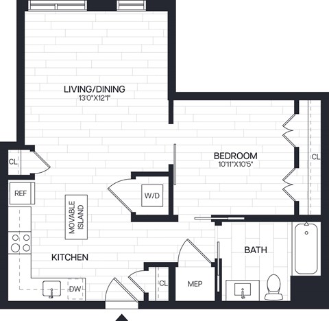 Floor plan for 1 bed, 1 bath, 666 sqft