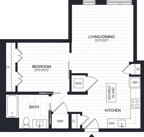 Floor plan for 1 bed, 1 bath, 667 sqft