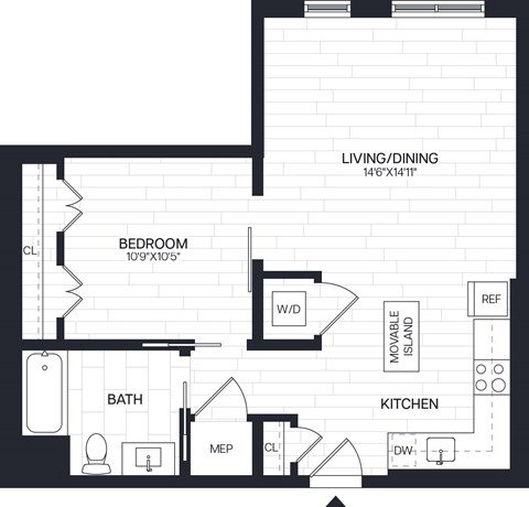 Floor plan for 1 bed, 1 bath, 685 sqft