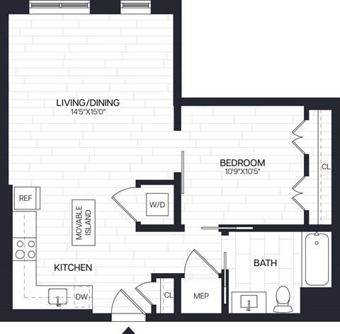 Floor plan for 1 bed, 1 bath, 686 sqft