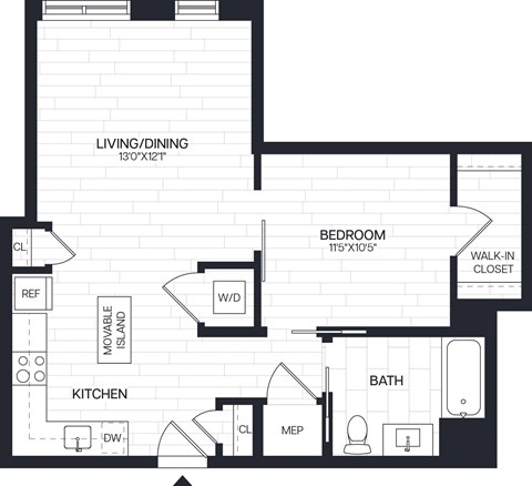 Floor plan for 1 bed, 1 bath, 688 sqft