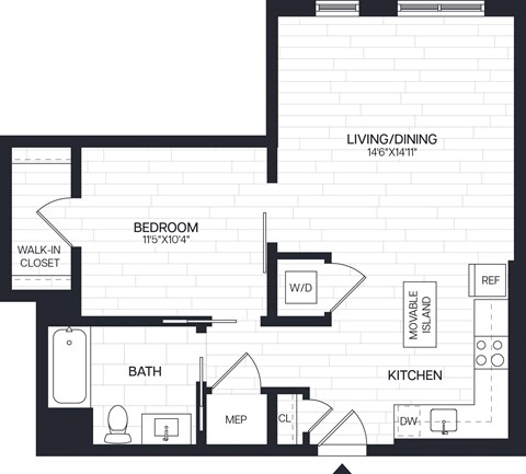 Floor plan for 1 bed, 1 bath, 701 sqft