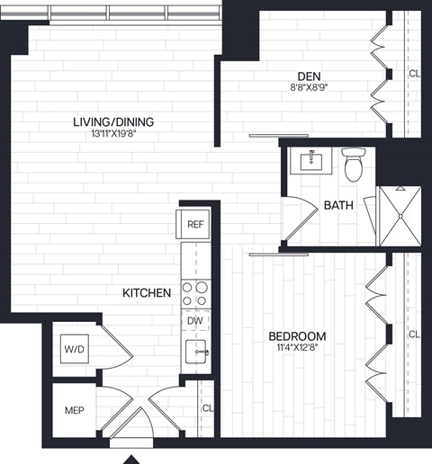 Floor plan for 1 bed, 1 bath, 850 sqft