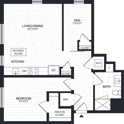 Floor plan for 1 bed, 1 bath, 869 sqft