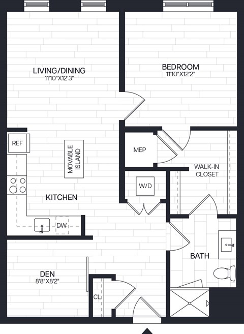 Floor plan for 1 bed, 1 bath, 841 sqft