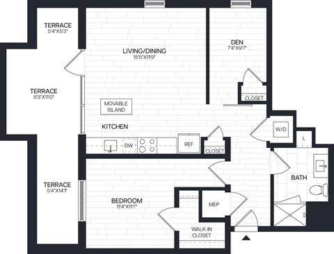 Floor plan for 1 bed, 1 bath, 717 sqft