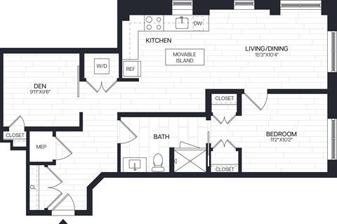 Floor plan for 1 bed, 1 bath, 889 sqft