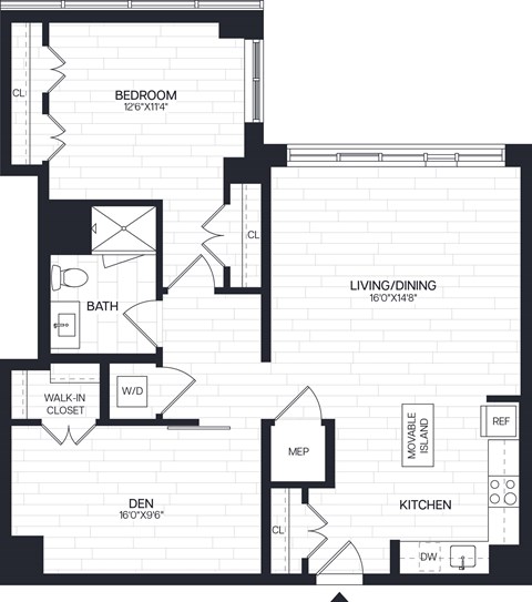 Floor plan for 1 bed, 1 bath, 1034 sqft