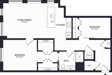 Floor plan for 1 bed, 1 bath, 1060 sqft