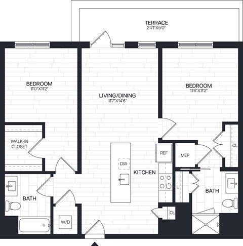 Floor plan for 2 beds, 2 baths, 1050 sqft