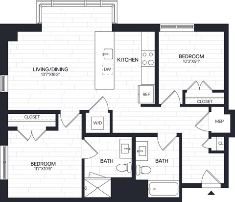 Floor plan for 2 beds, 2 baths, 974 sqft