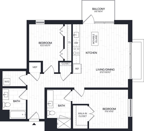 Floor plan for 2 beds, 2 baths, 1080 sqft