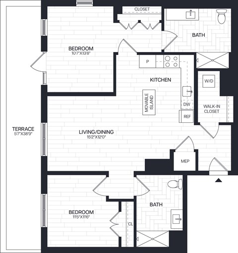Floor plan for 2 beds, 2 baths, 1087 sqft