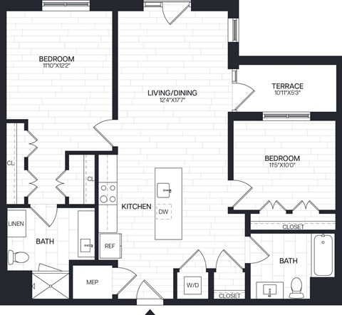 Floor plan for 2 beds, 2 baths, 1115 sqft