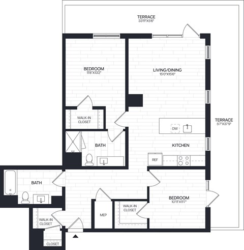 Floor plan for 2 beds, 2 baths, 1213 sqft