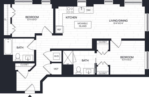 Floor plan for 2 beds, 2 baths, 982 sqft